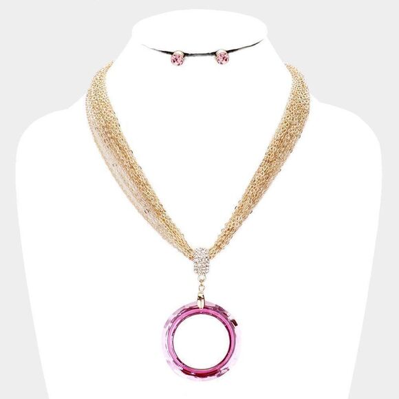 Open Circle Pink Multi Strand Chain Necklace Set - Picture 5 of 7